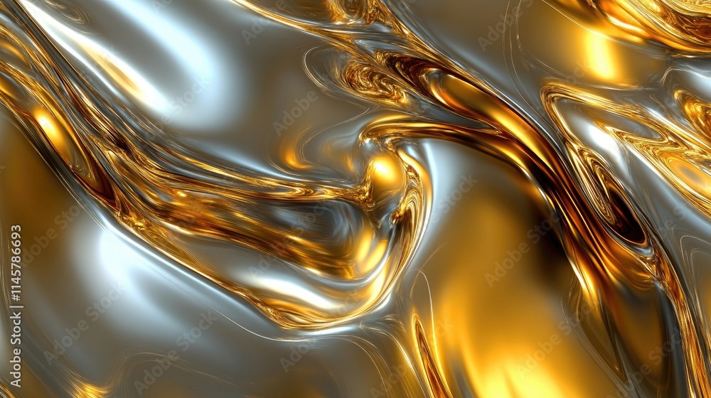Poster lustrous gold and silver metallic abstract texture with fluid patterns and a polished appearance for
