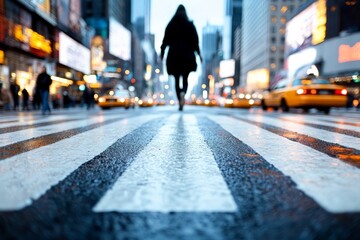 Obraz premium Crowd crossing the street in Times Square during twilight with yellow cabs and bright advertisements