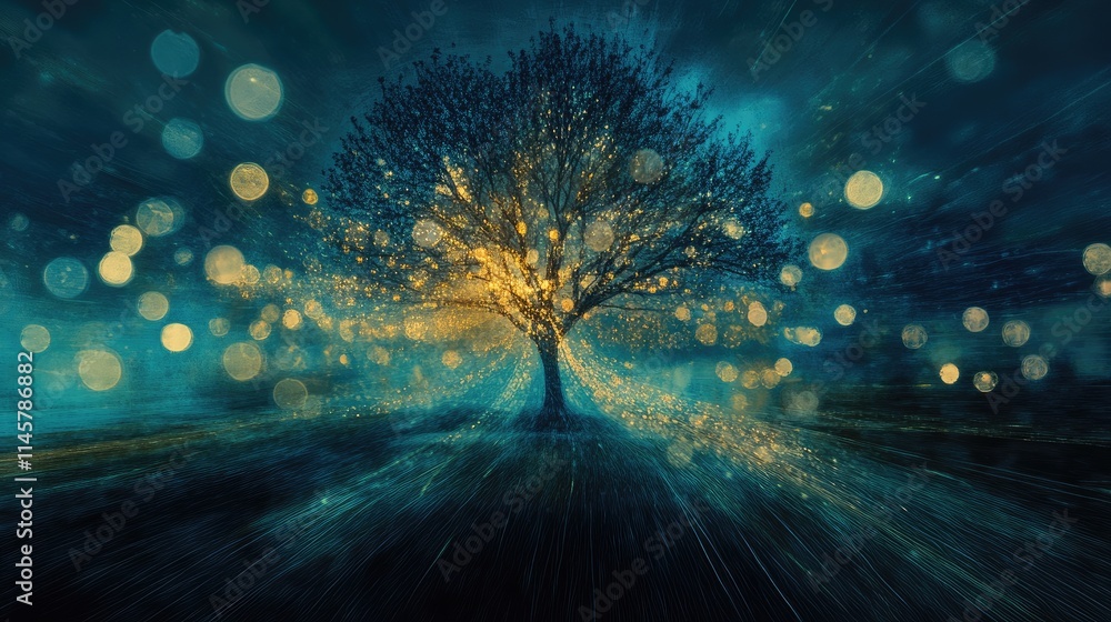 Poster abstract tree with glowing bokeh lights creating a dreamy and mystical atmosphere in a night setting