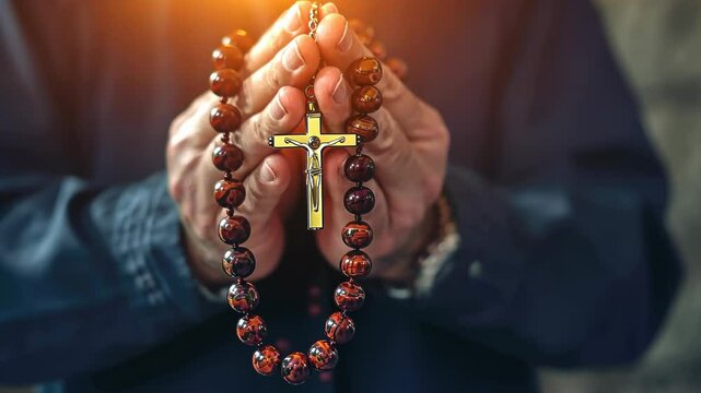 Holy reflection: hands joined in prayer with a rosary and a crucifix of Christ, essence of faith, spiritual devotion, sacred act of seeking solace through heartfelt worship, meditation.
