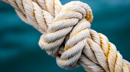 Fototapeta premium A close-up of a tightly knotted rope against a blurred turquoise background.