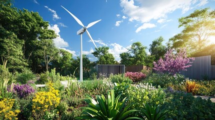 Sustainable garden design featuring a wind turbine surrounded by vibrant flowers and lush greenery under a bright blue sky.