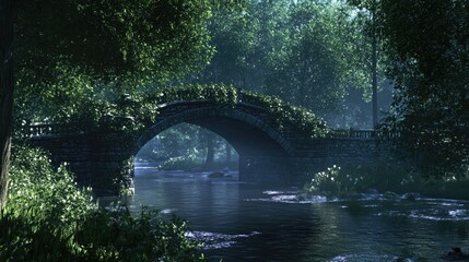 Fototapeta premium Serene river landscape with a historic stone bridge surrounded by lush greenery and soft morning light.
