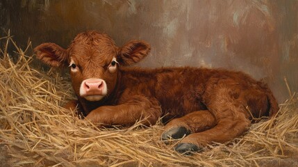 Fototapeta premium Calm baby cow resting on hay in a rustic barn setting capturing the essence of farm life and tranquility in nature.
