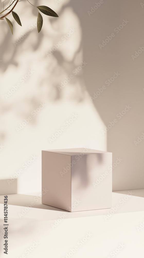 Poster mockup of stacked packaging boxes on minimalistic background with soft shadows and light