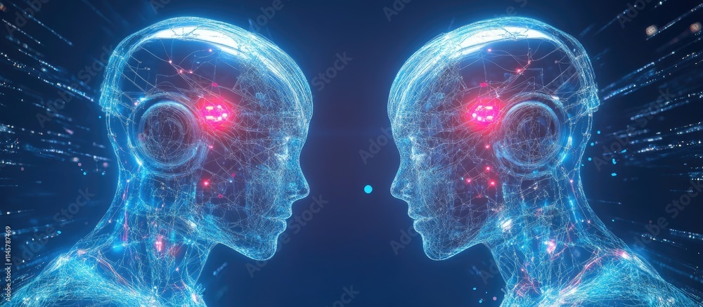 Poster futuristic ai and machine learning data exchange concept with transparent digital human heads