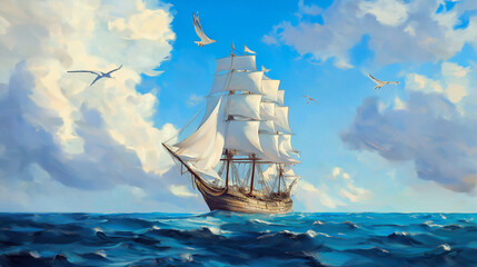 white colored birds flying over a majestic boat.