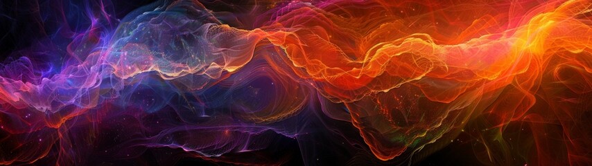 Fototapeta premium Radiant abstract waves in vibrant digital art. A dynamic blend of fiery oranges and cool purples flowing in harmony, creating a mesmerizing energy field. 