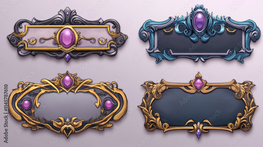 Aufkleber fantasy gold and silver frames in medieval style for rpg game ui design. vector cartoon set of empty