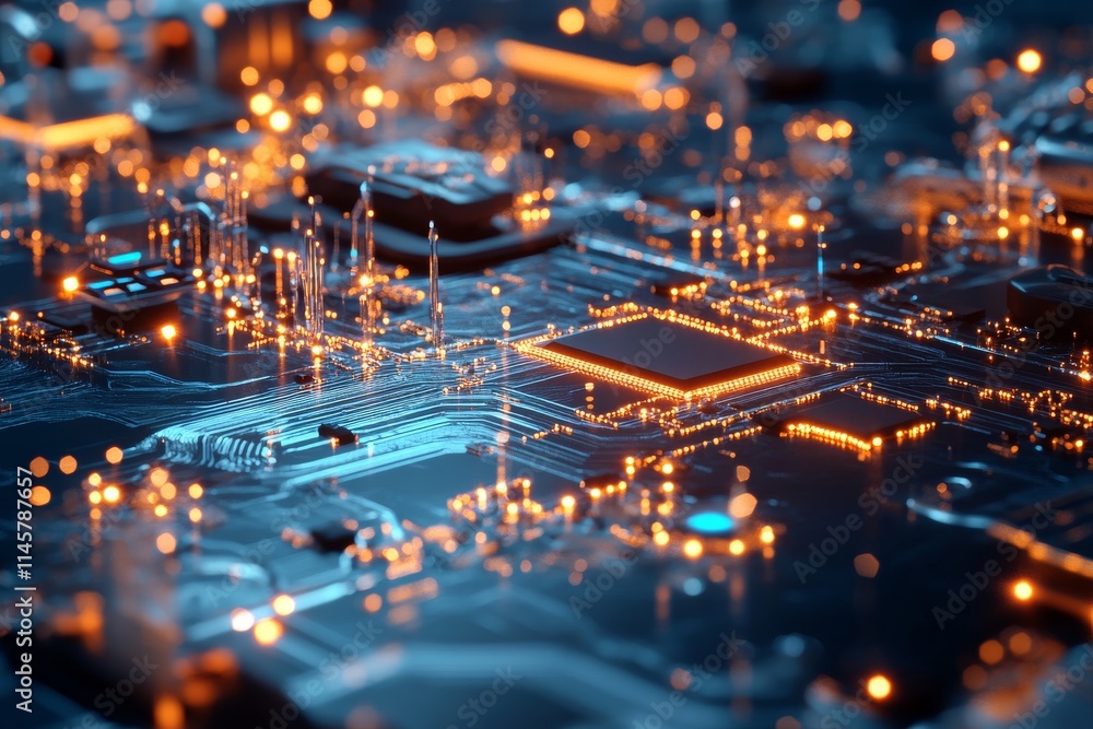 Aufkleber detailed close-up of a circuit board illuminated by glowing components in a high-tech environment