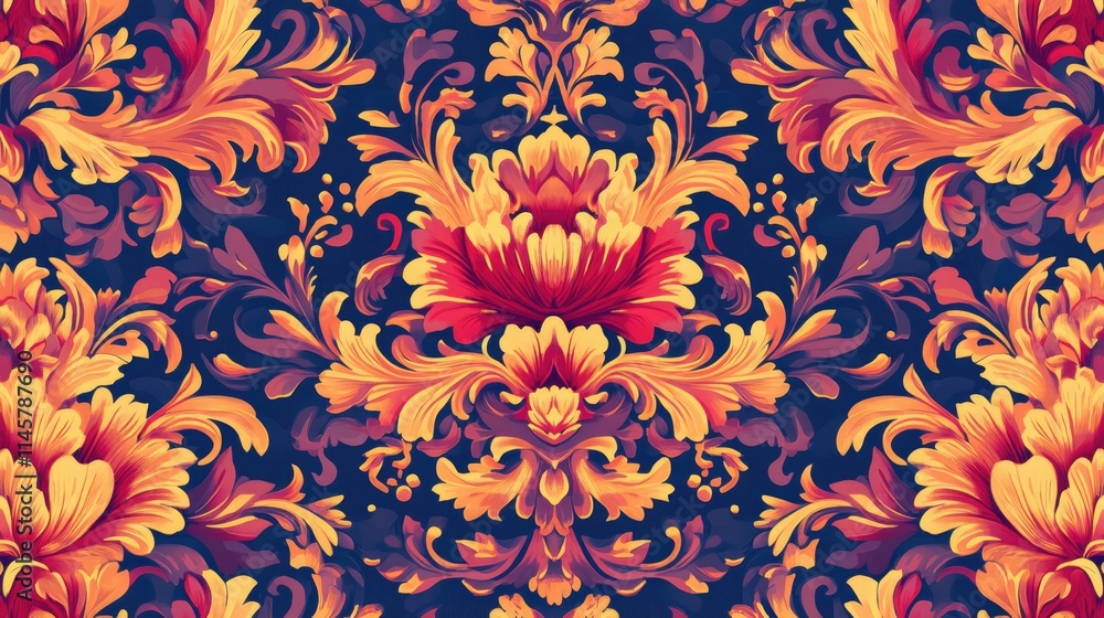 Poster vibrant floral damask pattern in warm tones creating an elegant textile background for design and de