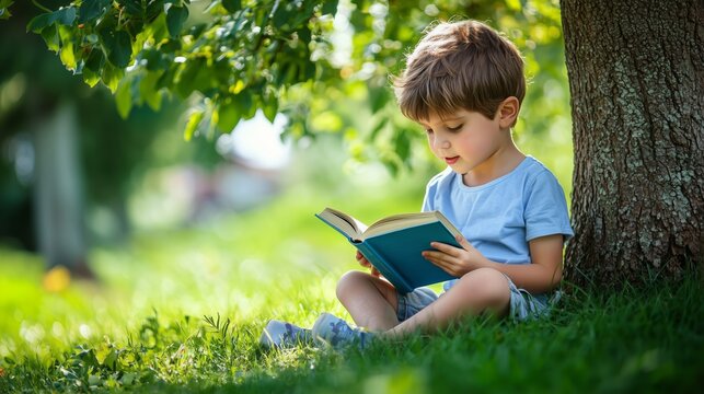 Cute child enjoying reading book in a beautiful park under a tree during summer holidays