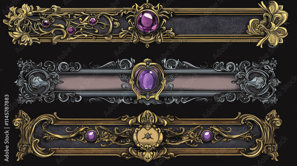 Poster fantasy gold and silver frames in medieval style for rpg game ui design. vector cartoon set of empty