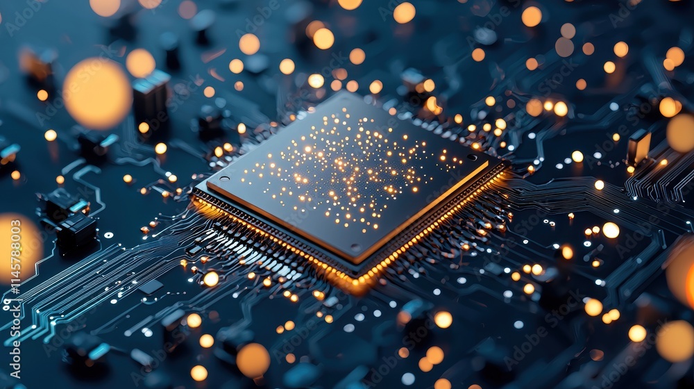 Poster a stylized depiction of a quantum processor chip with intricate circuitry and glowing quantum bits, 
