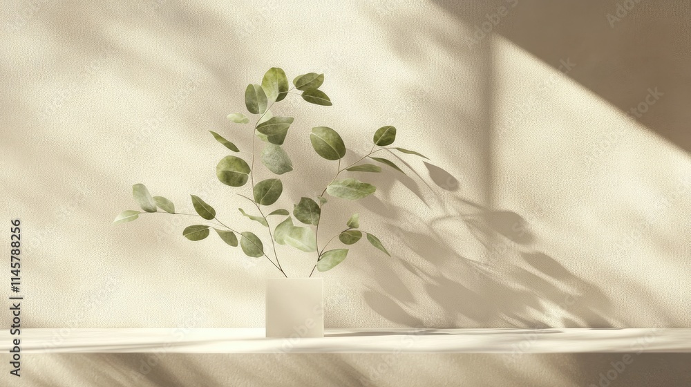 Poster eucalyptus branch in a minimalist vase casting shadows on a beige table in a serene indoor setting f
