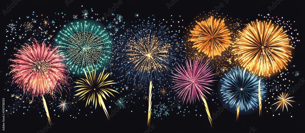 Poster vibrant fireworks bursting in the night sky over a beach creating a festive atmosphere with colorful