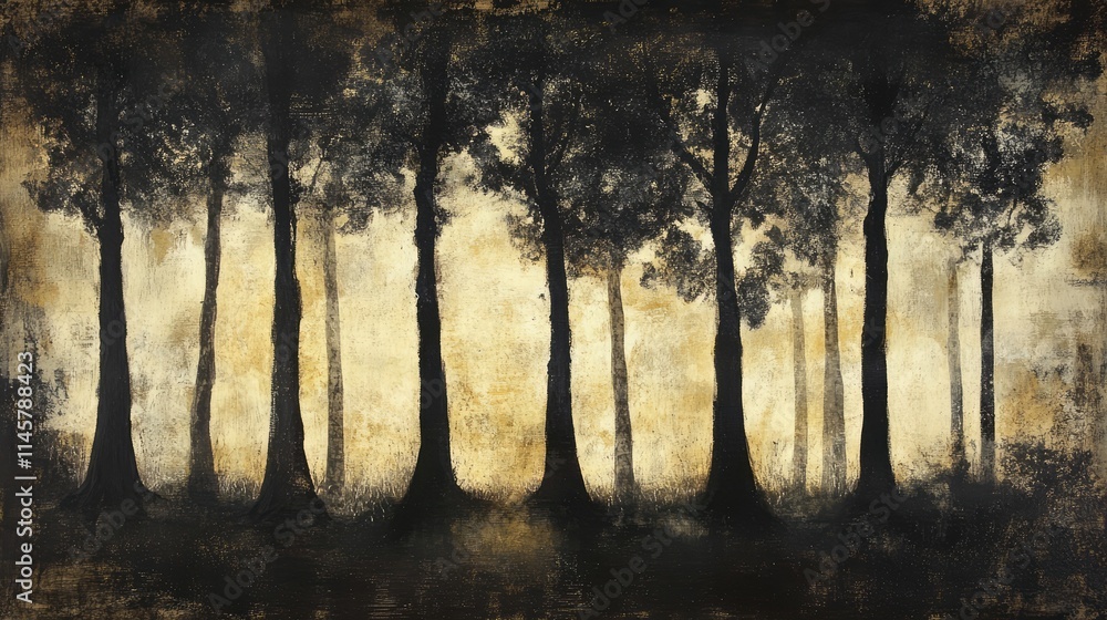 Poster silhouetted tree trunks in a textured forest setting with ambient light creating a serene and atmosp