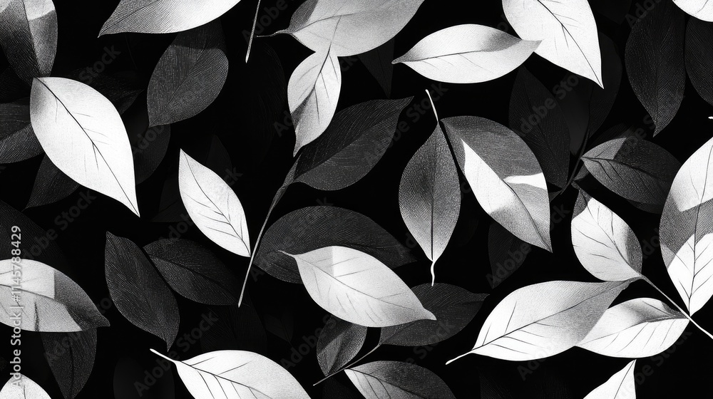 Aufkleber black and white leaves foliage texture creating a striking monochromatic pattern for backgrounds and
