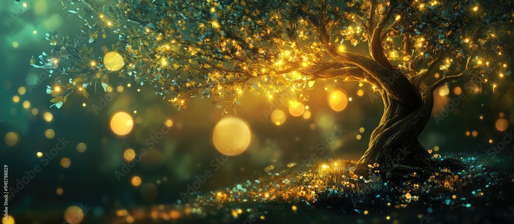 Poster decorative tree illuminated by bokeh lights creating a magical enchanting atmosphere during twilight