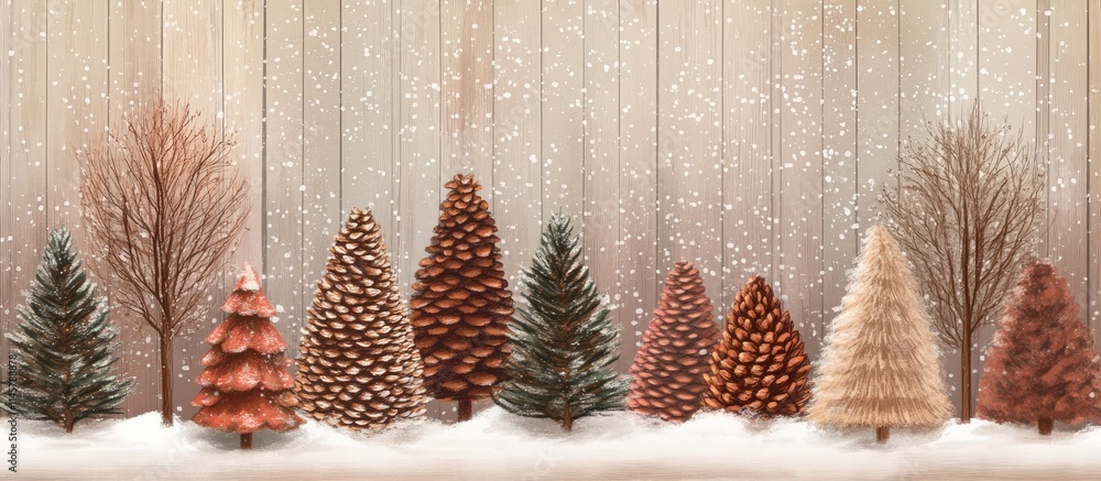 Poster festive winter scene with colorful pine cones and various snow-dusted trees on a rustic wooden backg