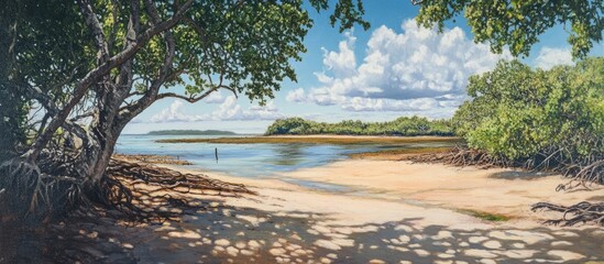 Serene mangrove beach landscape with sandy shore, lush greenery, and a tranquil waterway under a bright sky.