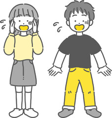 驚いている男の子と女の子のかわいい線画イラスト