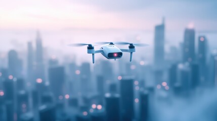 Naklejka premium A delivery drone flying through a cityscape, showcasing the potential of automation for logistics and transportation in urban environments.