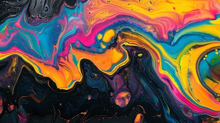 Acrylic colorful ink in water. A vibrant abstract painting showcasing a dynamic mixture of swirling bright colors including neon yellow, pink, and blue against a black backdrop.
