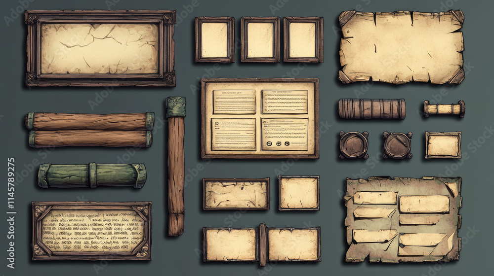 Poster set of game stone frames, bars, ui scrolls, boards with antique parchments and menu buttons. cartoon