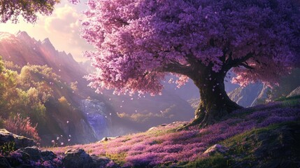 Majestic tree adorned with vibrant purple flowers amidst a serene landscape illuminating nature's beauty and tranquility.