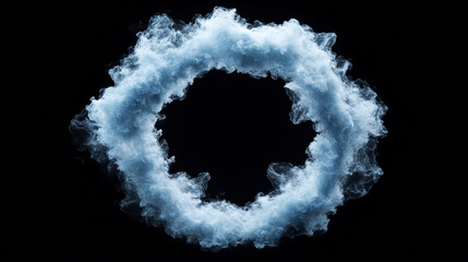 Air flow, wind blowing effect, fresh cold trails and round frame. Clean light mist, smoke or blizzard isolated on black background. Blue flow streams, freezing fog, Realistic 3d vector illustration