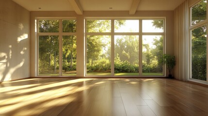 Fototapeta premium Spacious Sunlit Living Room with Bare Walls and Large Windows