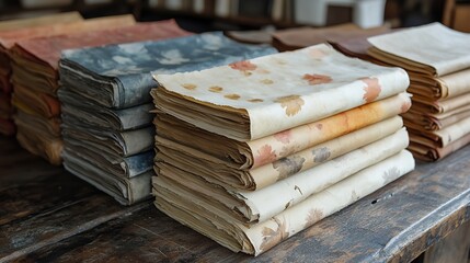 Fototapeta premium Recycling art and texture showcase handmade paper, vintage printing processes, and natural materials for eco-friendly DIY projects.