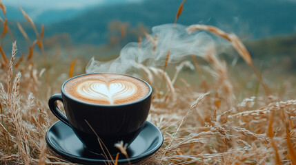 Latte coffee with a heart pattern on the frothy surface Set on a matching saucer. The background is tall grass that sways in the wind.