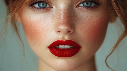Naklejka premium Red lips with lip gloss emphasize beauty and cosmetics, showcasing vibrant color and a bold aesthetic.
