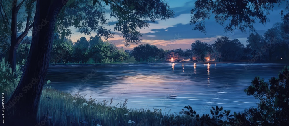 Aufkleber serene evening view of a reservoir reflecting twilight colors surrounded by lush trees and calming w
