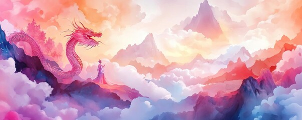 Chinese new year dragon dance on mountain trails, scenic backdrop blending nature and tradition, watercolor style