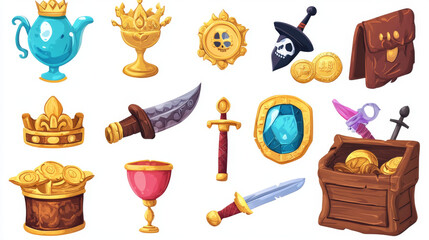 Treasure, golden coins, crystal gems, crown, sword in pile of gold, goblet with precious rocks, ancient fantasy magic game assets, pirate loot isolated on white background, Cartoon vector illustration