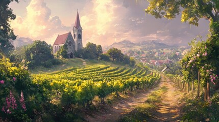 Naklejka premium Countryside Vineyard Landscape with Church and Rolling Hills Under Dramatic Sky