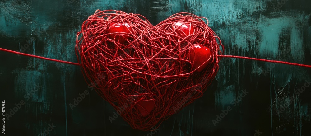 Poster red heart made of string with two smaller hearts inside on a textured background symbolizing love an