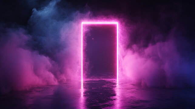 Neon light door on black background. Vector realistic illustration of rectangle frame portal on night club stage with red, orange, yellow smoke, reflection on floor, sparkling particles glowing in air
