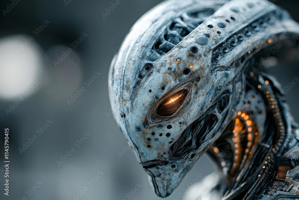 Poster futuristic robotic creature with intricate design and glowing eyes in a mysterious environment