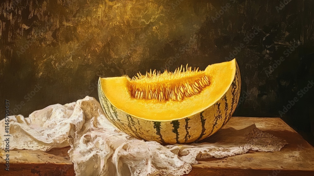 Poster golden melon sliced open displaying vibrant orange flesh and seeds on a rustic wooden table with a t