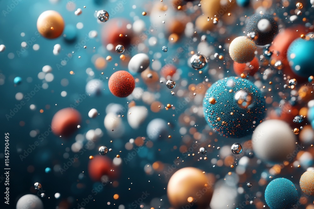 Poster colorful abstract spheres floating in a dynamic composition with shimmering particles and vibrant ba