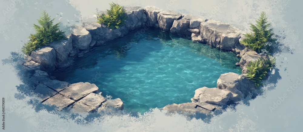 Poster tranquil secluded pool surrounded by rocks and greenery creating a serene water background for relax