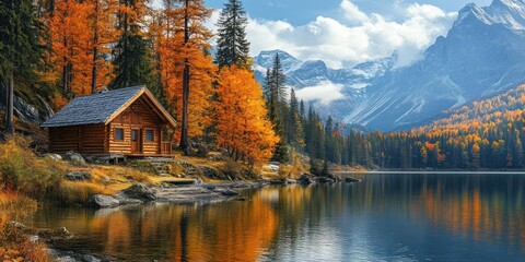 Fototapeta premium Serene lakeside cabin surrounded by vibrant autumn foliage and majestic mountains.
