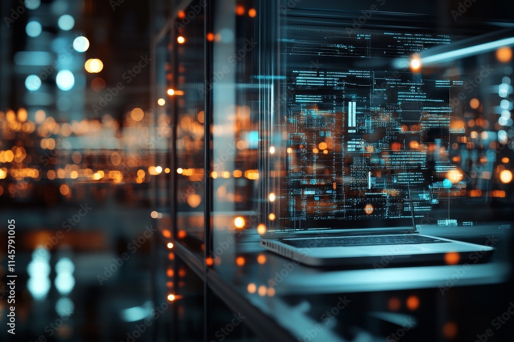 Poster digital technology illuminates a modern workspace with a laptop displaying vibrant data streams