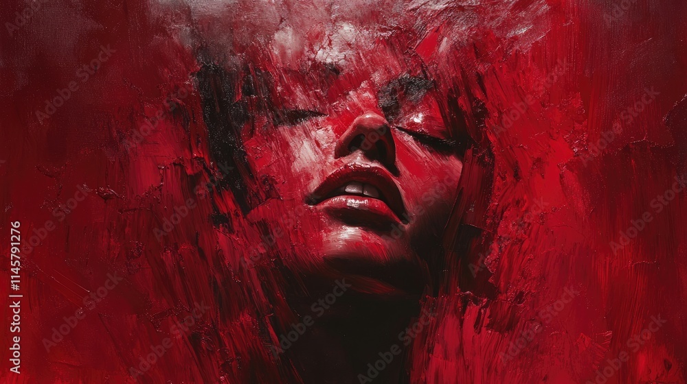 Poster emotional abstract portrait in deep red tones capturing human expression and intensity through textu