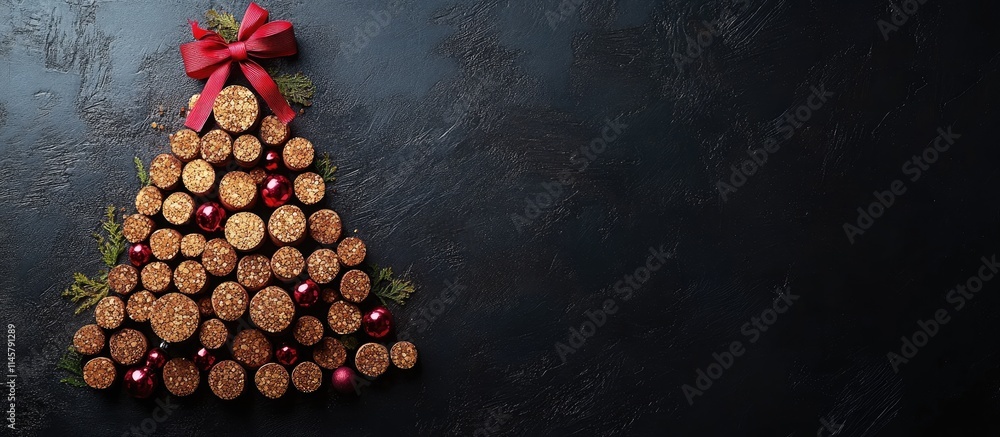 Poster cork christmas tree design with red ribbon and ornaments on black backdrop featuring empty space for