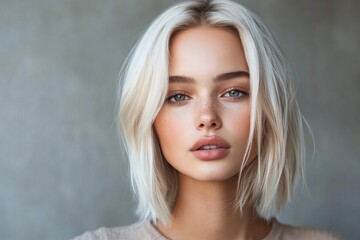 Naklejka premium Young woman with blonde hair and striking eyes posing against a neutral backdrop in soft natural light